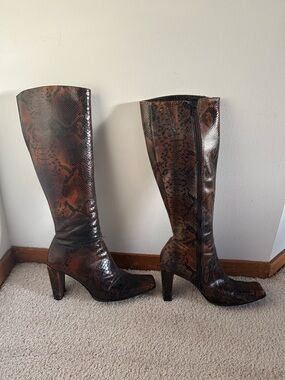 Charles David Tall Brown Snake-Print Boots